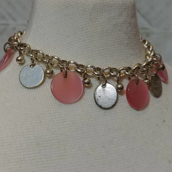 Pink and Silver Toned Circular Dangle Costume Jewelry Toggle Bracelet - Picture 3 of 4